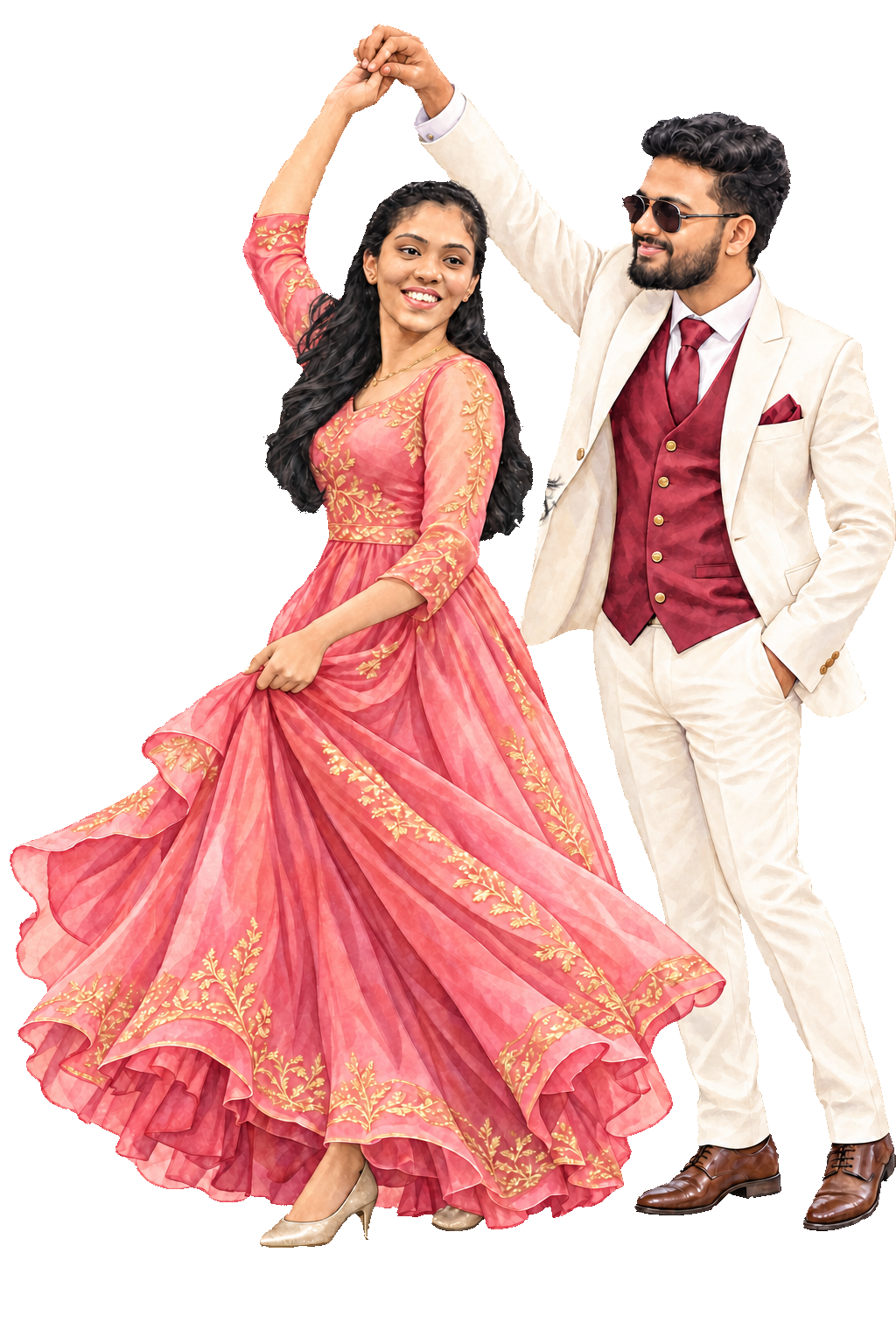 Illustrated Anju and Alby dancing together on the church courtyard