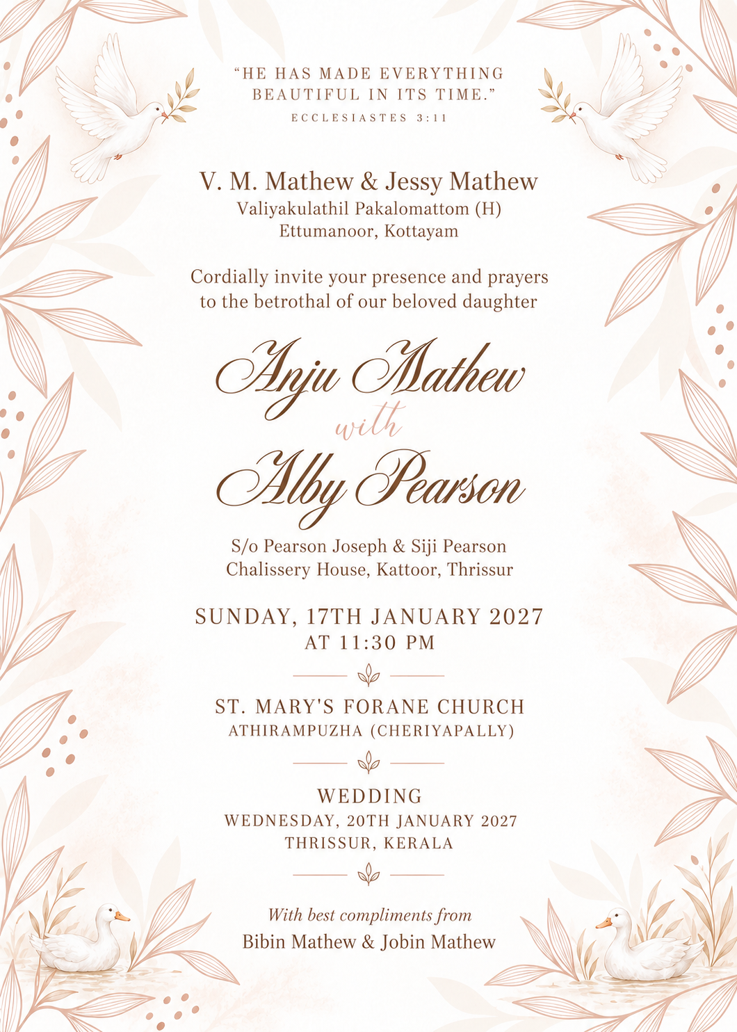 Illustrated betrothal and wedding invitation details for Anju Mathew and Alby Pearson